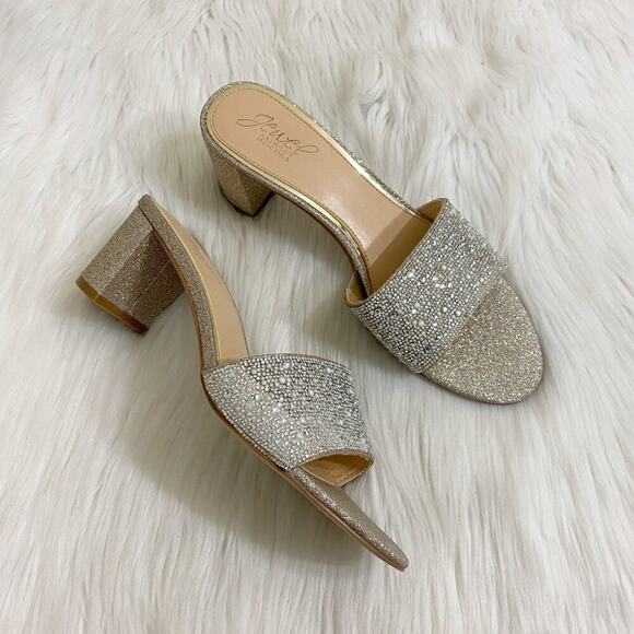 Jewel Badgley Mischka Gold/Silver Glitter & Rhinestone Block Heel Sandals Sz 8.5 - Picture 1 of 9